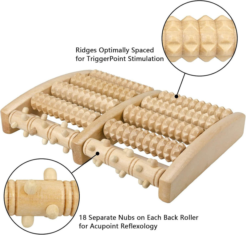 LARGE Wooden Foot Pain Massager 5 Roller Care Reflexology Relax Stress Relief