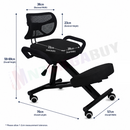 nzmegabuy black ergonomic kneeling chair with backrest, memory foam cushions, and adjustable height dimensions.