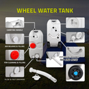 nzmegabuy 40L grey wheeled portable water tank with integrated handle, flexible hose, tap, and drainage features.