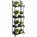nzmegabuy CREAVITA 4-tier black steel plant stand with decorative scrollwork, holding various potted indoor plants.
