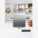 nzmegabuy stainless steel cutting board with a 30cm by 46cm rectangular surface and convenient handle cutout