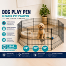 nzmegabuy 6 panel black powder-coated steel dog playpen with a puppy inside, featuring a secure latch door.