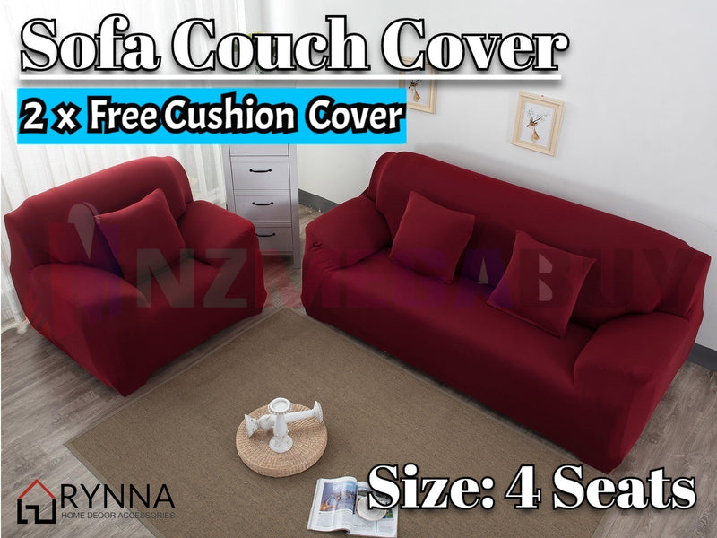 Stretch Sofa Cover Loung Couch Removable Slipcover 1/2/3/4Seater+1 Cushion Cover *Burgundy *4 Sizes