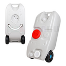 nzmegabuy 40L grey wheeled portable water tank with integrated wheels, flexible hose, and tap for camping and caravans.