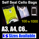 100 Cello Bags Cellophane Clear Resealable Plastic Self Seal Adhesive *15 Sizes
