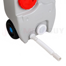 nzmegabuy 40L grey portable water tank with integrated wheels, flexible hose, and red cap for camping and caravans.