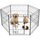 nzmegabuy 6 panel black powder-coated steel dog playpen with a puppy, rabbit, and guinea pig inside on white background