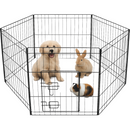 nzmegabuy 6-panel black powder-coated steel dog playpen with a puppy, rabbit, and guinea pig inside on white background