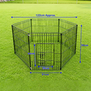 nzmegabuy 6-panel black powder-coated steel dog playpen with secure door latch, set up on a green lawn.