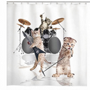 nzmegabuy waterproof shower curtain featuring a fun print of three kittens playing drums, guitar, and singing.