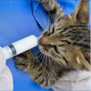 nzmegabuy 10ml needle-free plastic feeding syringe being used to feed a small tabby kitten on a blue surface