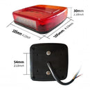 nzmegabuy 12V LED trailer tail light assembly with dimensions, featuring red and amber waterproof housing.