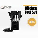 nzmegabuy 13-piece black silicone kitchen utensil set with stainless steel handles and a matching storage holder