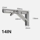 nzmegabuy 14-inch heavy-duty stainless steel folding shelf bracket with technical dimensions shown