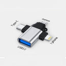 nzmegabuy silver 3-in-1 USB OTG adapter with USB-C, Micro USB, and Lightning connectors in a zinc-alloy body.