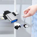 nzmegabuy 3-in-1 silver zinc-alloy USB OTG adapter with USB-C, Micro USB, and Lightning connectors on a lanyard