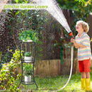 nzmegabuy 3-tier black metal foldable plant stand holding three potted plants in a sunny garden with a child watering