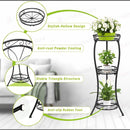nzmegabuy 3-tier black metal plant stand with foldable design, hollow trays, and anti-slip rubber feet for home decor.