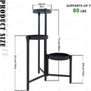 nzmegabuy 3-tier foldable black metal plant stand showing dimensions and height specifications for indoor or outdoor use