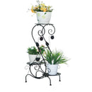 nzmegabuy 3-tier black powder-coated metal plant stand with decorative scrollwork for indoor or outdoor display