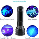 nzmegabuy 51 LED UV flashlight with aluminium body, showing examples of detecting stains, scorpions, and currency.