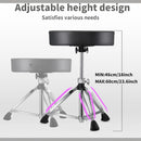 nzmegabuy adjustable drum throne with black padded seat and silver double-braced alloy base showing height range