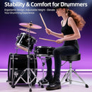 nzmegabuy heavy-duty adjustable drum throne with black saddle seat and double-braced silver base used by a drummer