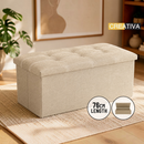 nzmegabuy beige fabric foldable storage ottoman bench with button-tufted top and double stitching in a living room