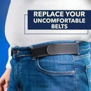 nzmegabuy black buckle-free elastic belt worn on blue jeans for a smooth, comfortable, and low-profile fit