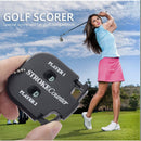 nzmegabuy black two-digit golf stroke and putt counter with keychain held in hand against a golfer on the course