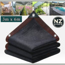 nzmegabuy 70% black HDPE shade cloth with reinforced edges, grommets, and various outdoor application examples.