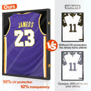 nzmegabuy black wooden jersey display shadow box with UV-protected acrylic front showing a purple basketball jersey