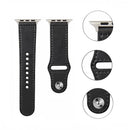 nzmegabuy black genuine leather replacement strap for Apple Watch with silver metal buckle and connector details