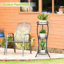 nzmegabuy 3-tier black metal foldable plant stand holding three potted plants on a patio next to a garden chair