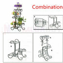 nzmegabuy 4-tier black metal plant stand with a classical scroll design, shown in various modular configurations.