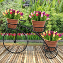 nzmegabuy black metal tricycle plant stand with three basket tiers holding terracotta pots of colorful tulips