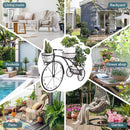 nzmegabuy black metal tricycle 3-tier plant stand displayed in various indoor and outdoor garden settings