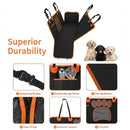 nzmegabuy black quilted dog car seat cover with orange trim, featuring storage pockets, non-slip base, and paw print.