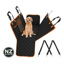 nzmegabuy waterproof black quilted dog car seat cover with orange trim and a golden retriever sitting in the center