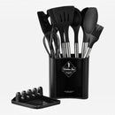 nzmegabuy 13-piece black silicone kitchen utensil set with stainless steel handles and a matching storage holder