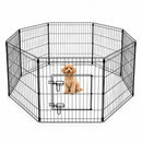 nzmegabuy 8 panel black powder-coated steel dog playpen with a puppy sitting inside an octagonal enclosure