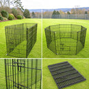 nzmegabuy 8 panel black powder-coated steel dog playpen set up in rectangular and octagonal shapes on a green lawn