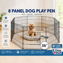 nzmegabuy 8 panel black powder-coated steel dog playpen with a puppy sitting inside on a plush bed