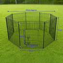 nzmegabuy 8 panel black powder-coated steel dog playpen set up in an octagonal shape on a green grass lawn