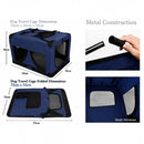 nzmegabuy blue foldable soft dog travel crate showing dimensions, metal frame assembly, and mesh ventilation windows
