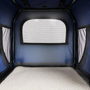 Interior view of the nzmegabuy blue soft dog travel crate showing mesh ventilation panels and a fleece floor mat.