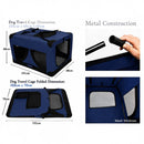 nzmegabuy blue portable soft dog travel crate showing dimensions, metal frame construction, and mesh windows.