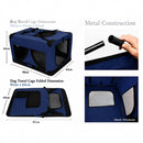 nzmegabuy blue portable soft dog travel crate showing dimensions, metal frame assembly, and mesh ventilation windows