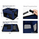 nzmegabuy blue soft dog travel crate showing dimensions, metal frame assembly, and mesh ventilation panels.