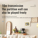 nzmegabuy Bluetooth 5.3 audio transmitter and receiver showing 10m barrier-free transmission range in a home setting